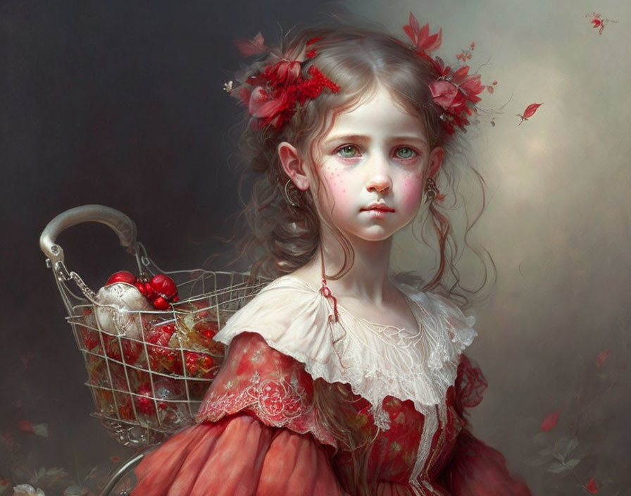 Young girl in red and white vintage dress with apples and bird, red flowers in hair