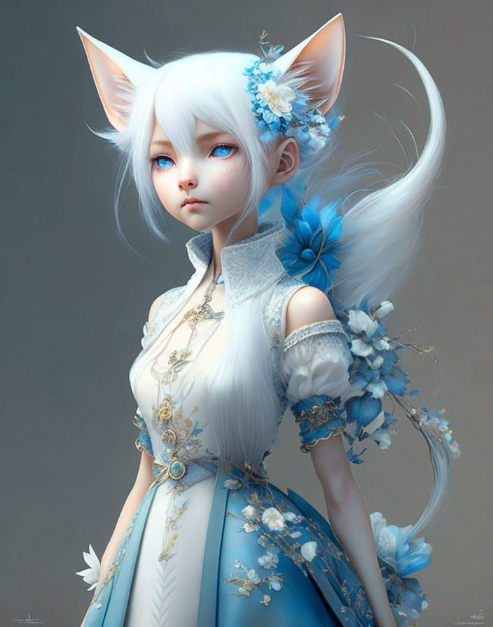 Anime-style female character with white hair, fox ears, blue eyes, adorned with blue flowers in intricate