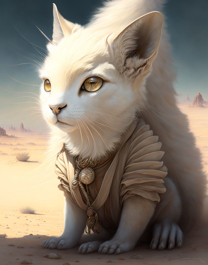 White Cat with Golden Eyes in Desert Setting and Garment