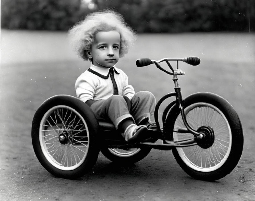 Curly-Haired Child on Tricycle in Light Sweater and Dark Pants