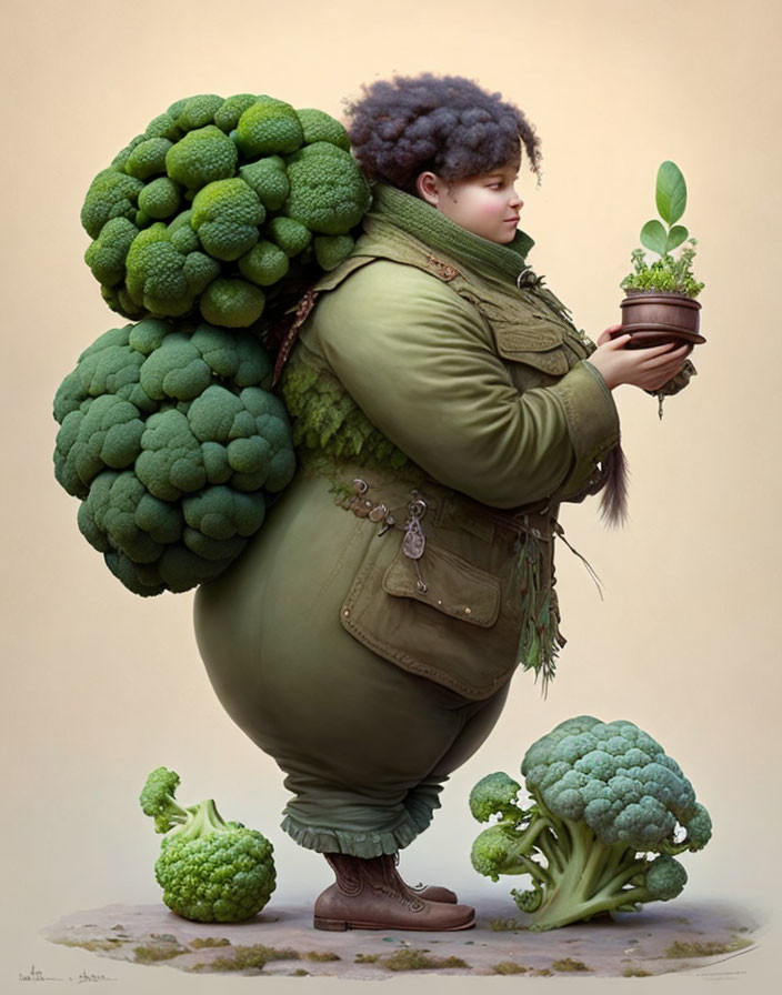 Illustration of person with broccoli hairstyle holding potted plant