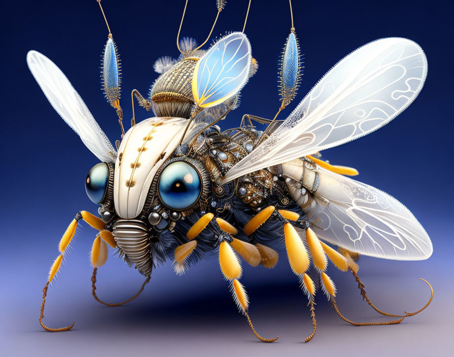 Mechanical bee with intricate gears and expressive eyes on blue background