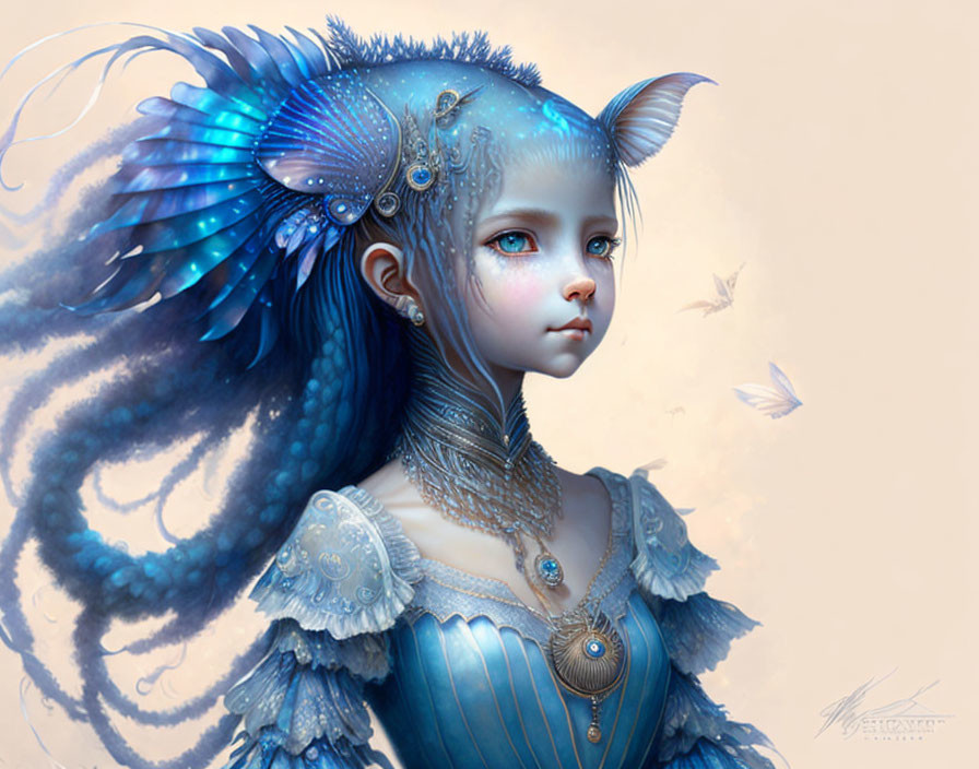 Fantasy illustration of character with blue skin and cat-like ears wearing ornate headdress and jewelry.