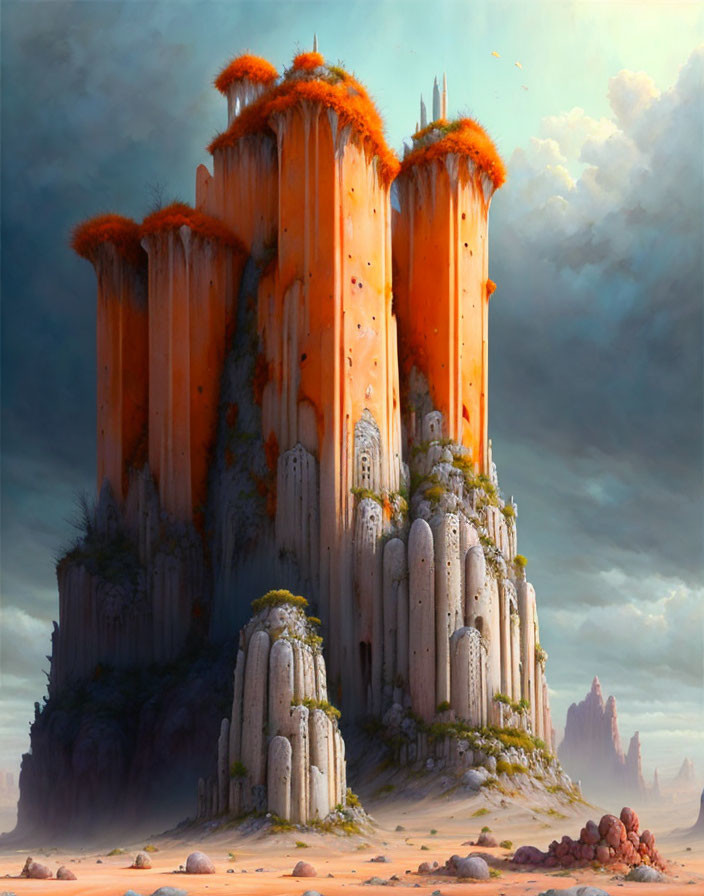 Fantastical image of towering orange spires and white stone structures against dramatic sky