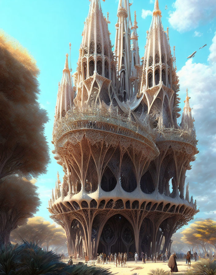 Fantasy castle with spires on tree-like structures in serene landscape