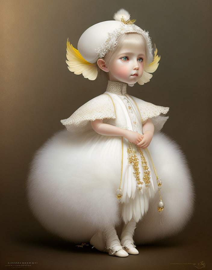 Child with angelic traits in cream outfit and white wings