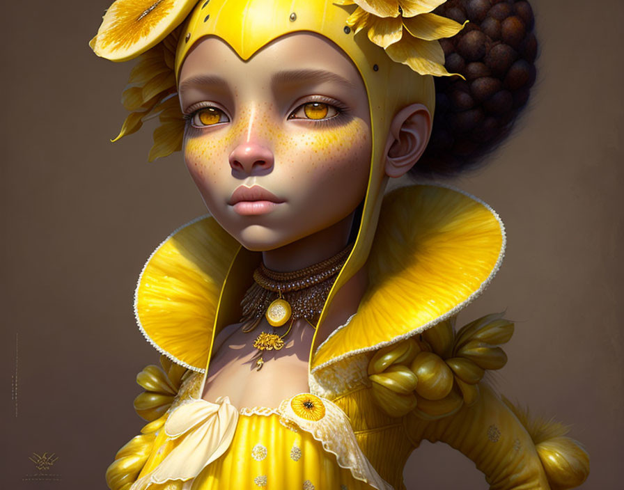 Young girl digital artwork with yellow attire & nature motifs