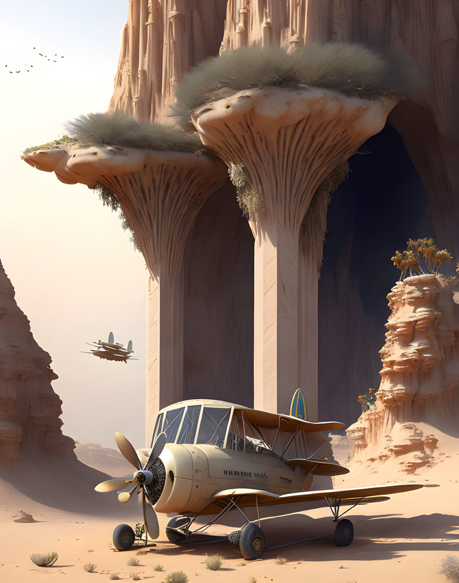 Vintage aircraft lands in desert with mushroom-shaped rock formations