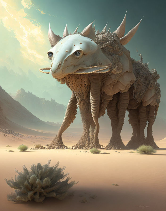 Horned dinosaur-like creature with saddle in desert landscape