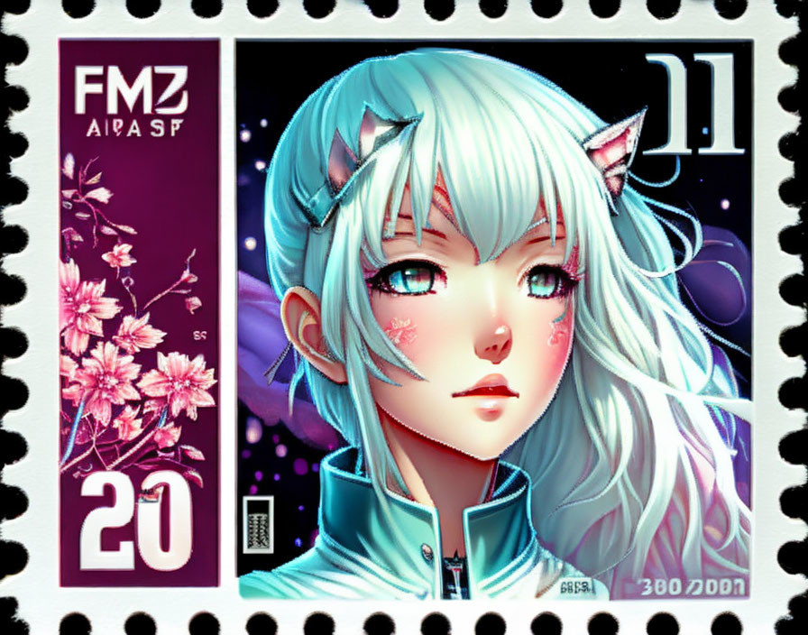 Blue-haired anime girl stamp with cat ears and cherry blossoms.