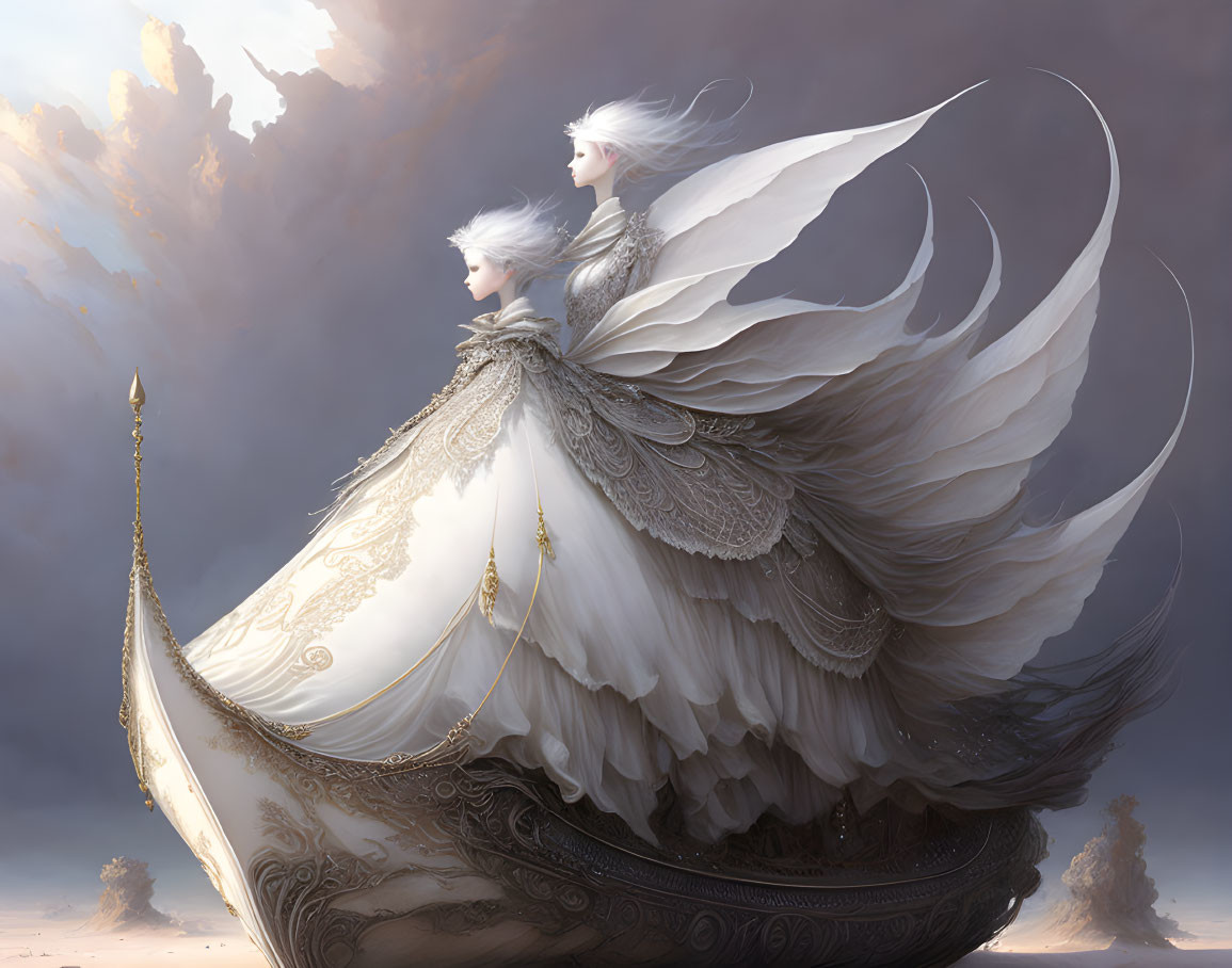 Mysterious figures with white wings on boat in dreamy landscape