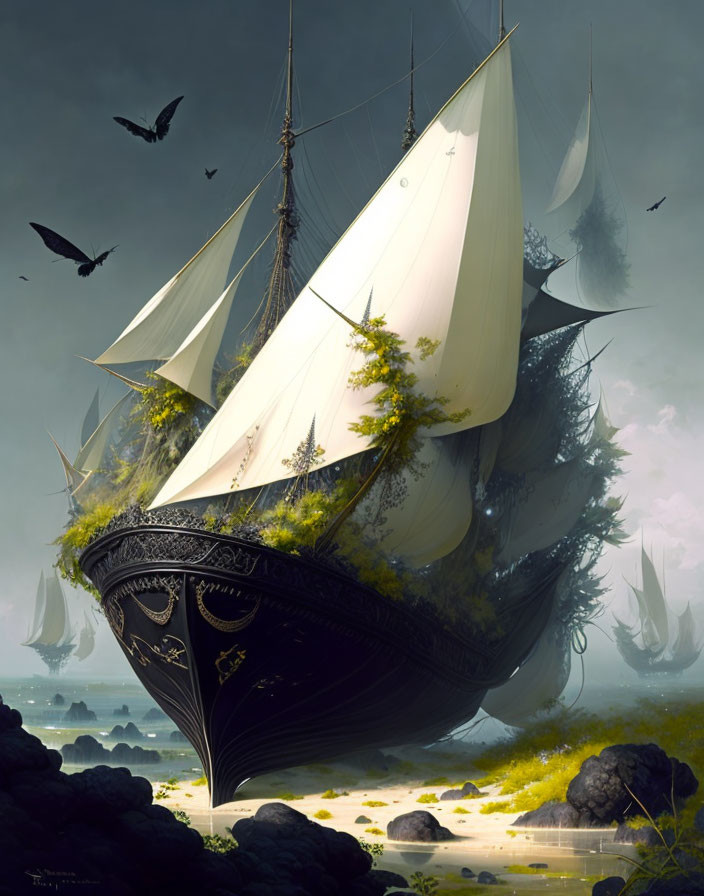 Ethereal ship with lush foliage among rocks and silhouetted birds