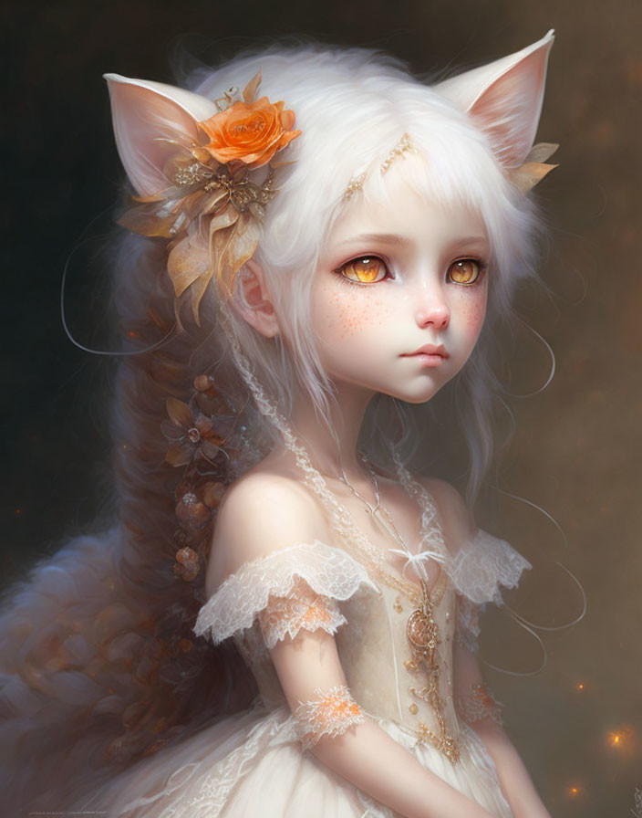 Fantasy illustration: Girl with white cat ears, golden eyes, orange flower, gold and lace attire