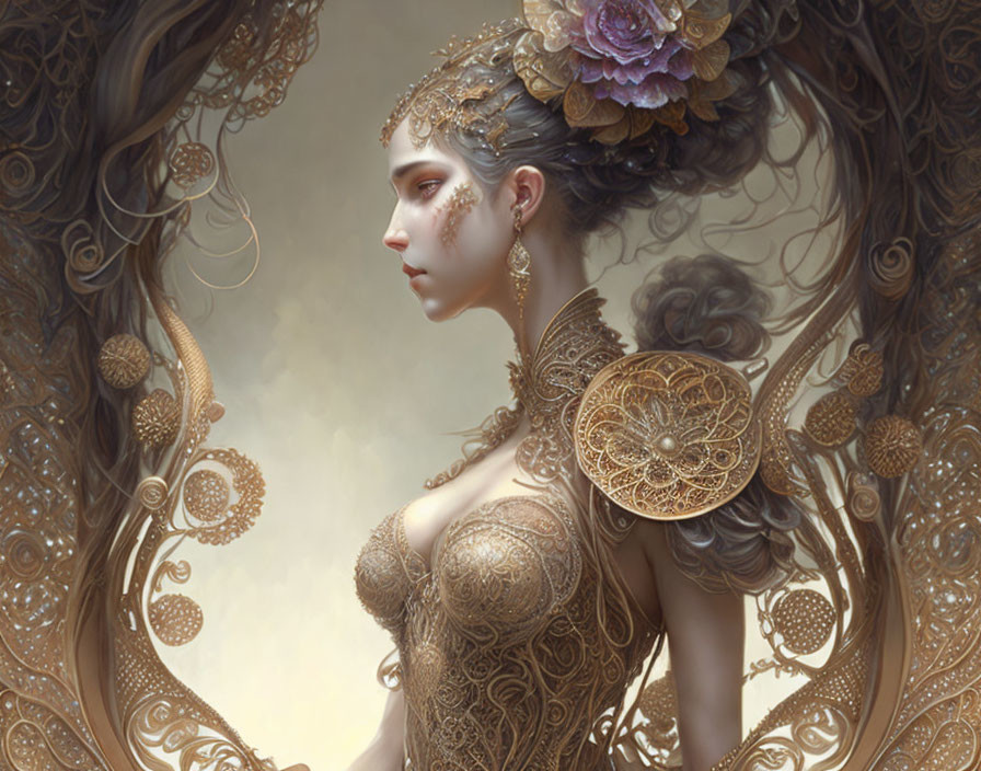 Profile Portrait of Woman with Gold Filigree Accessories and Floral Headpiece