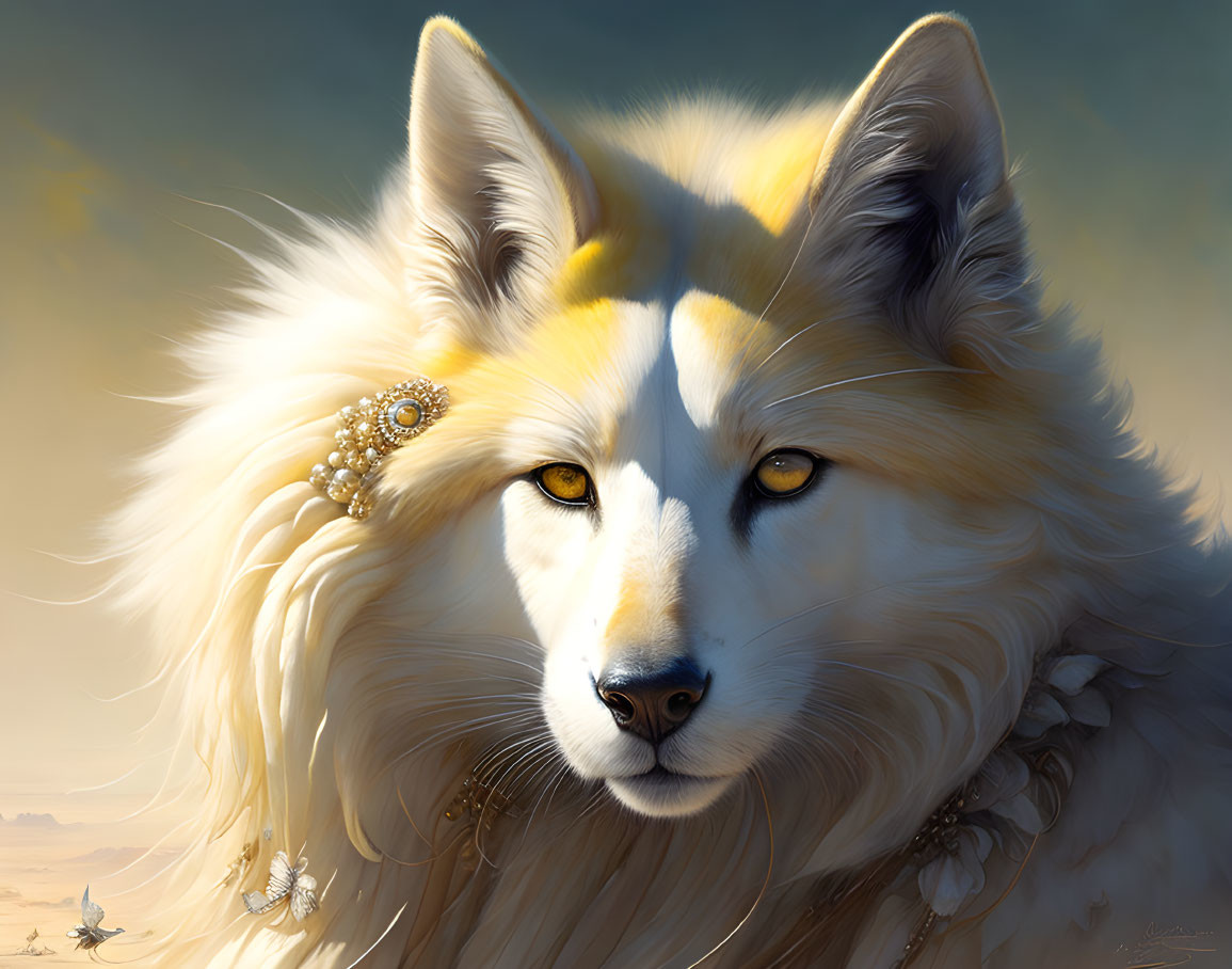 White wolf with gold ornament in desert landscape