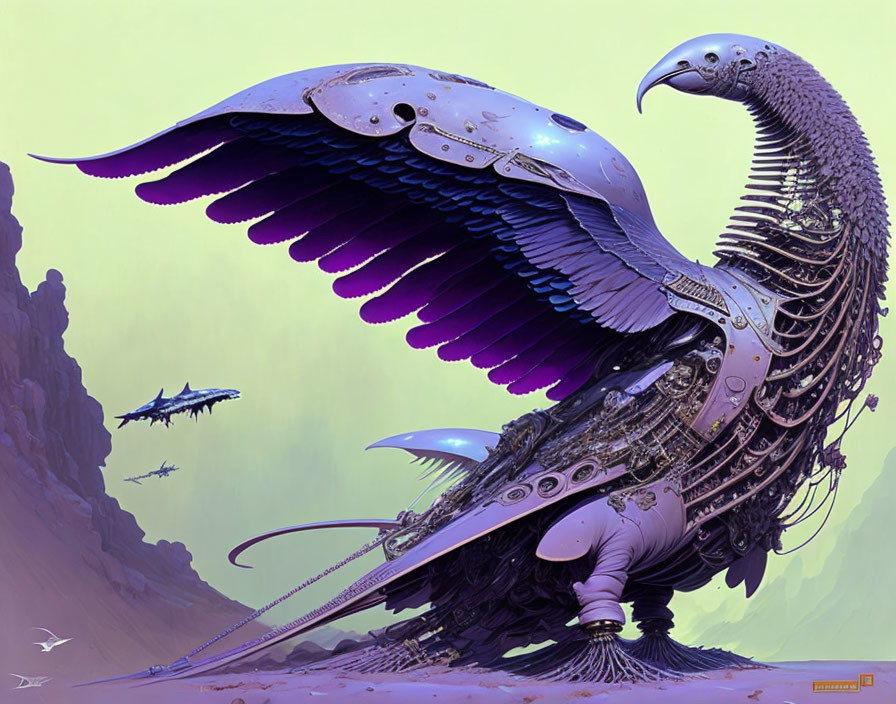 Intricate metallic bird in purple alien landscape