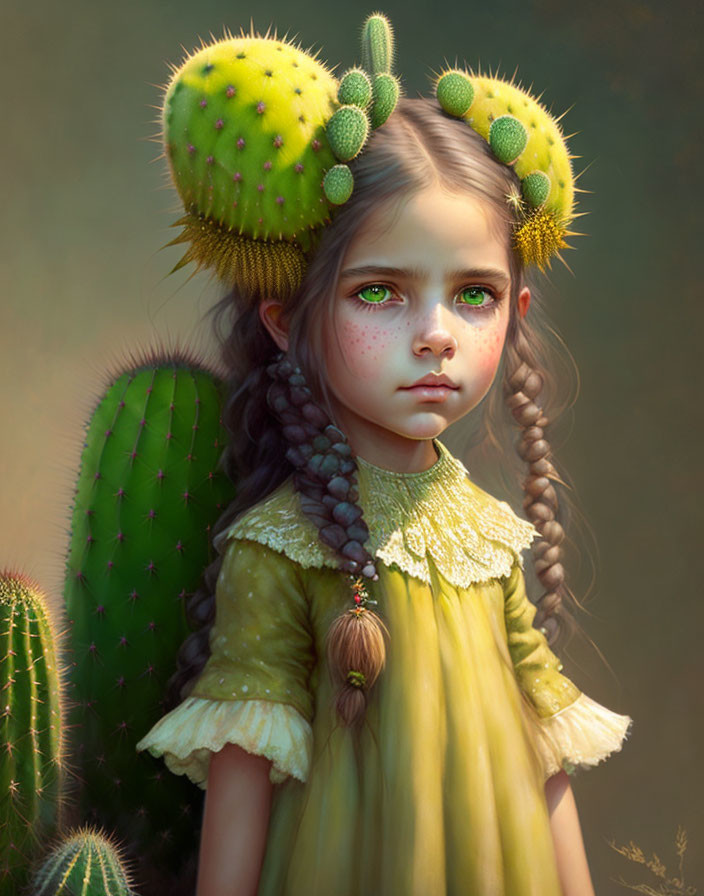 Digital painting of young girl with cactus features: cactus ears, green eyes, and yellow dress