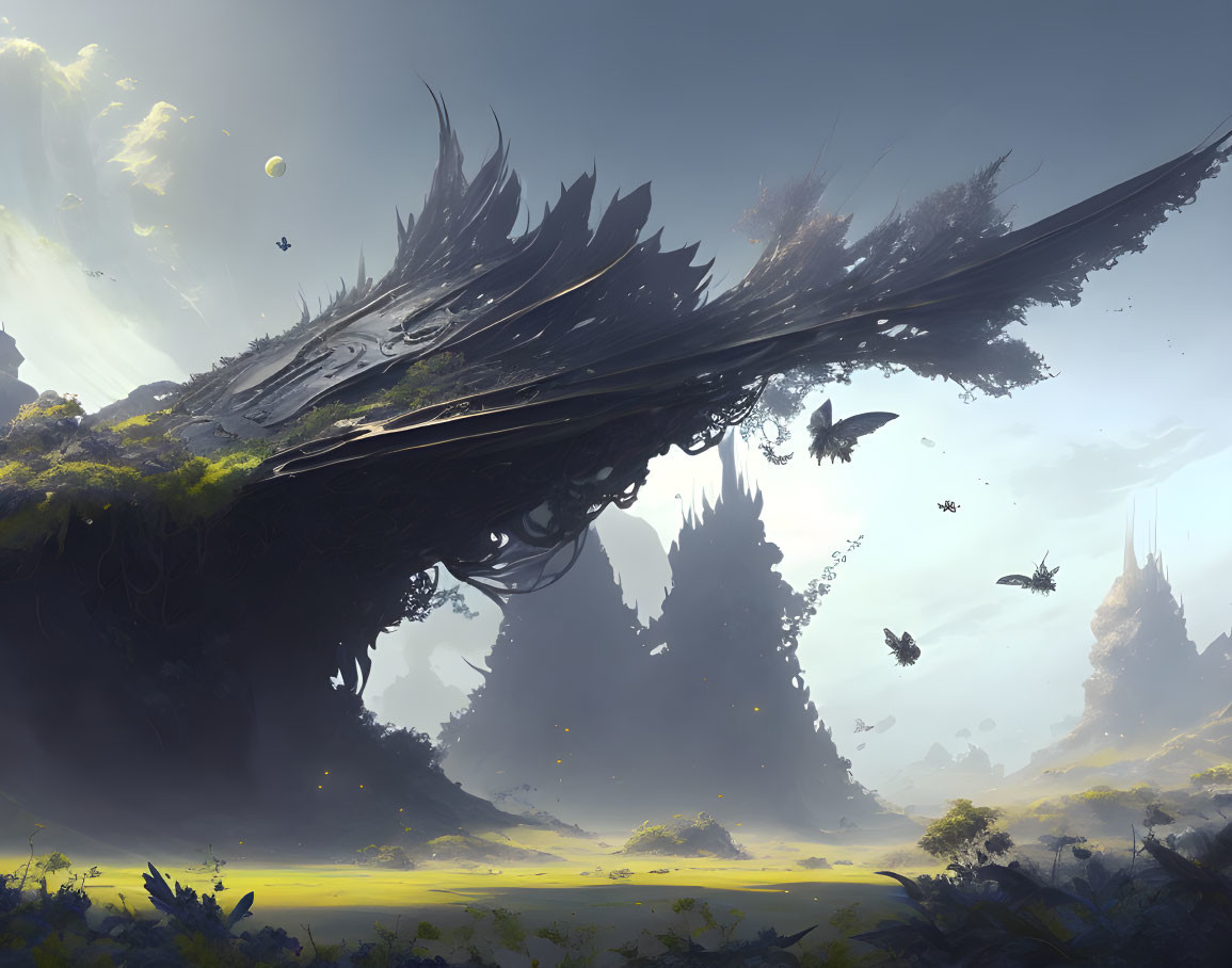 Fantastical landscape with floating islands and ethereal creatures