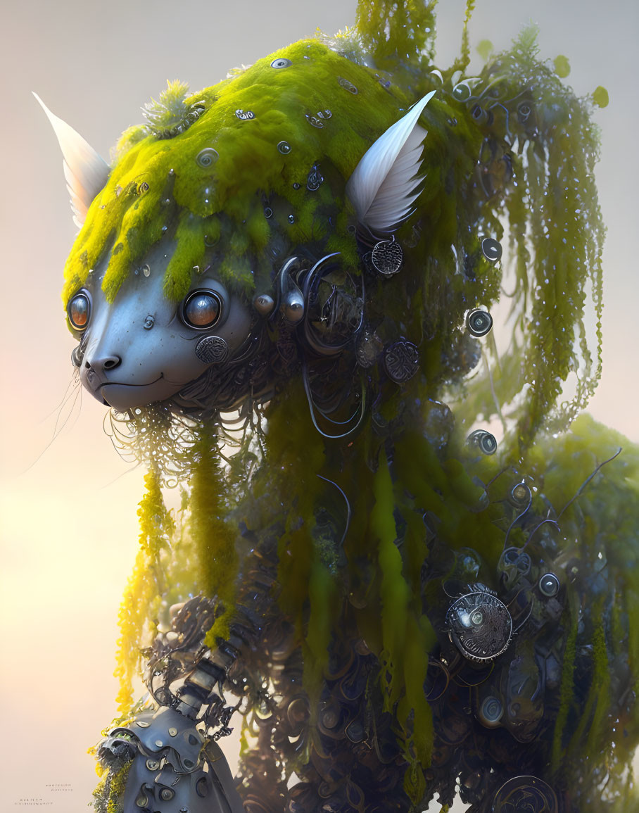 Moss-Covered Green Feline Face on Mechanical Creature