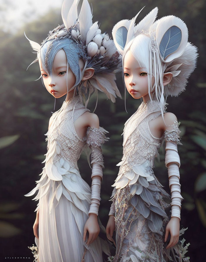 Ethereal elf-like characters with pale skin and feathered attire in soft light