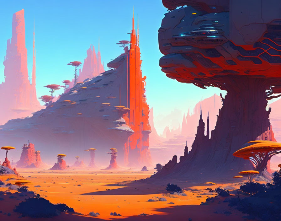 Alien landscape with rock formations, mushroom plants, and spacecraft