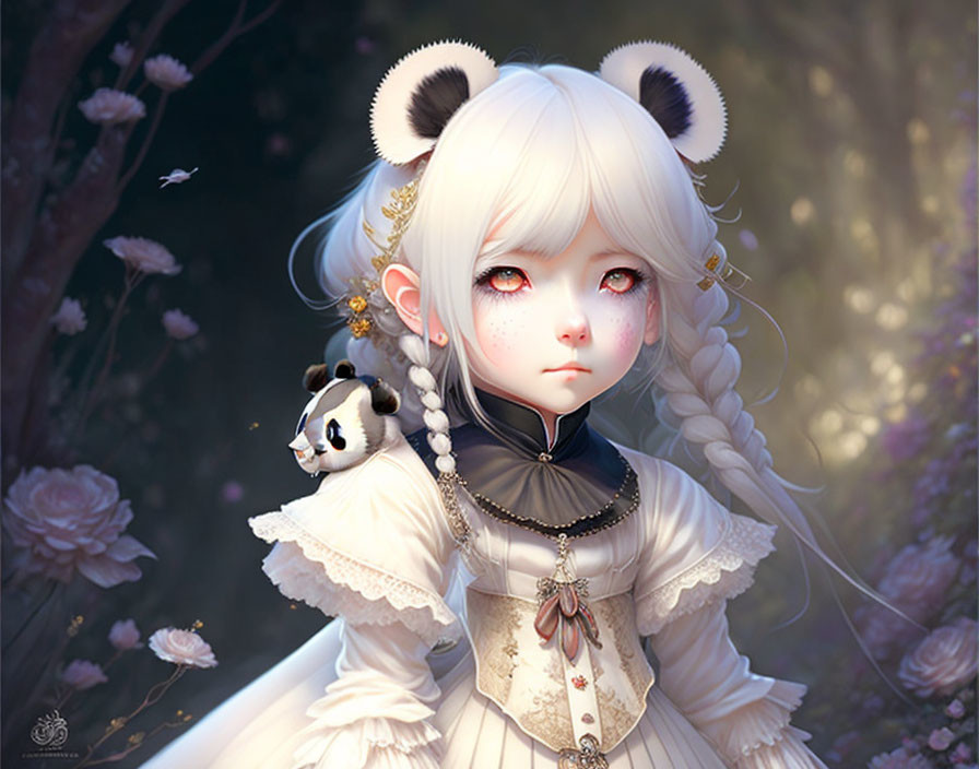 Young girl character with panda-like features and plushie toy in frilly dress