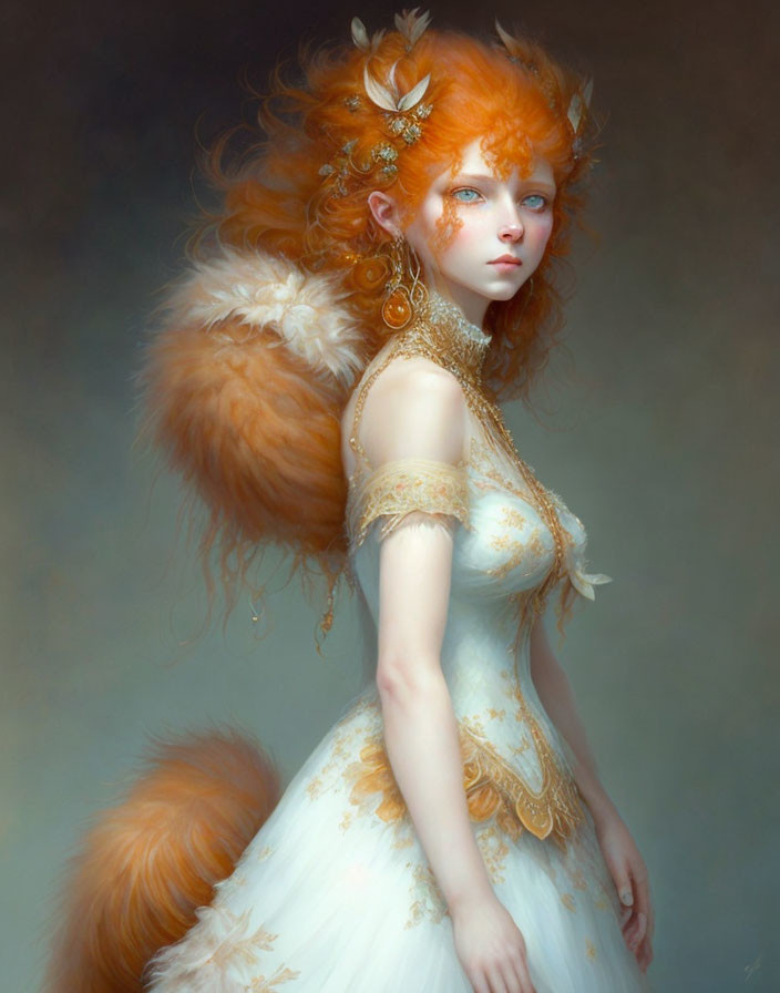 Ethereal woman with red hair, fox features, in white and gold dress