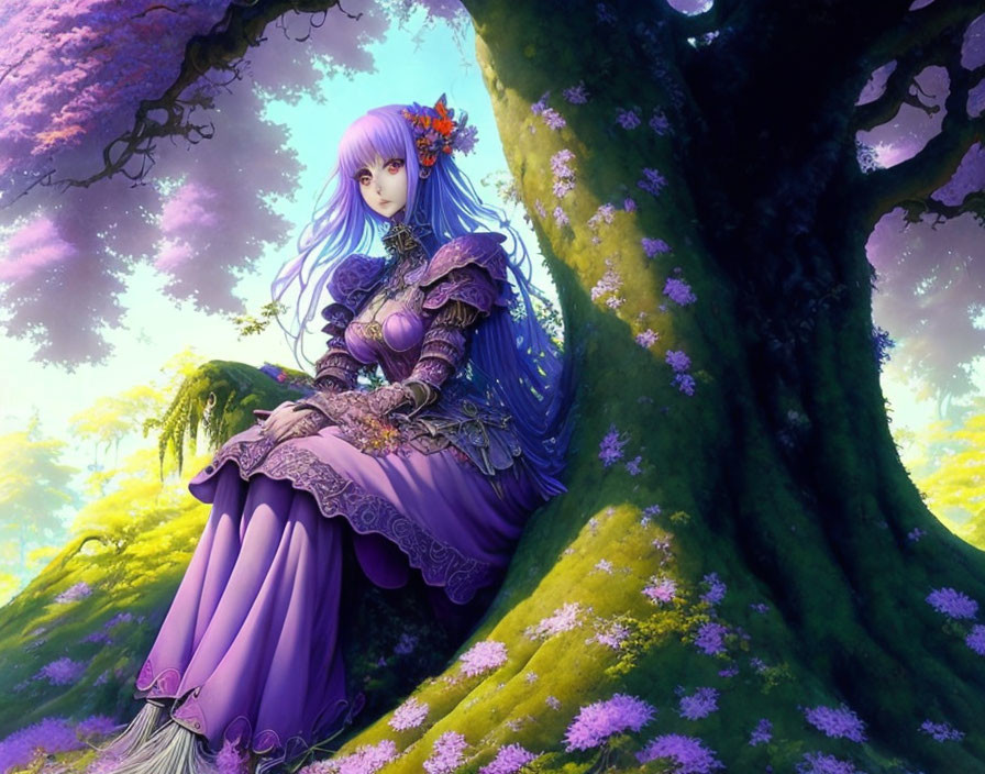 Purple-haired animated woman in intricate dress under tree in lush landscape