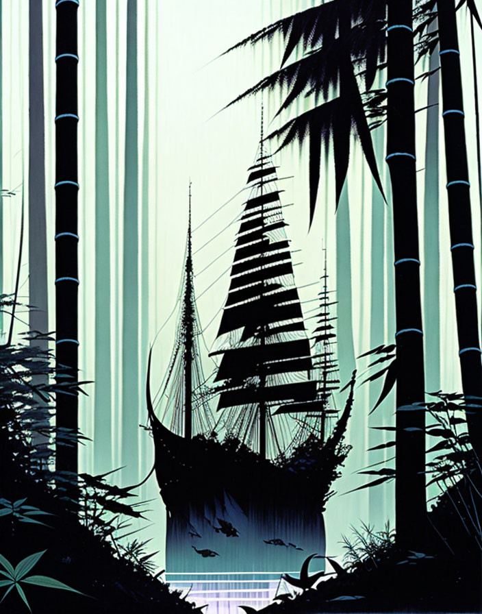 Silhouetted ship in bamboo forest under teal sky