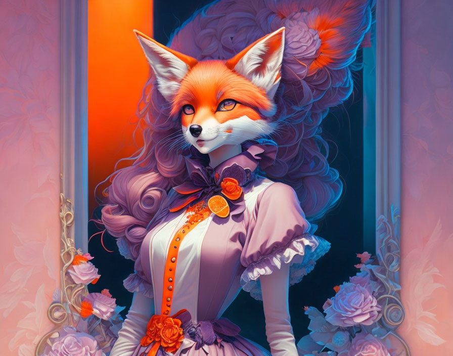 Anthropomorphic fox in purple Victorian dress with floral details