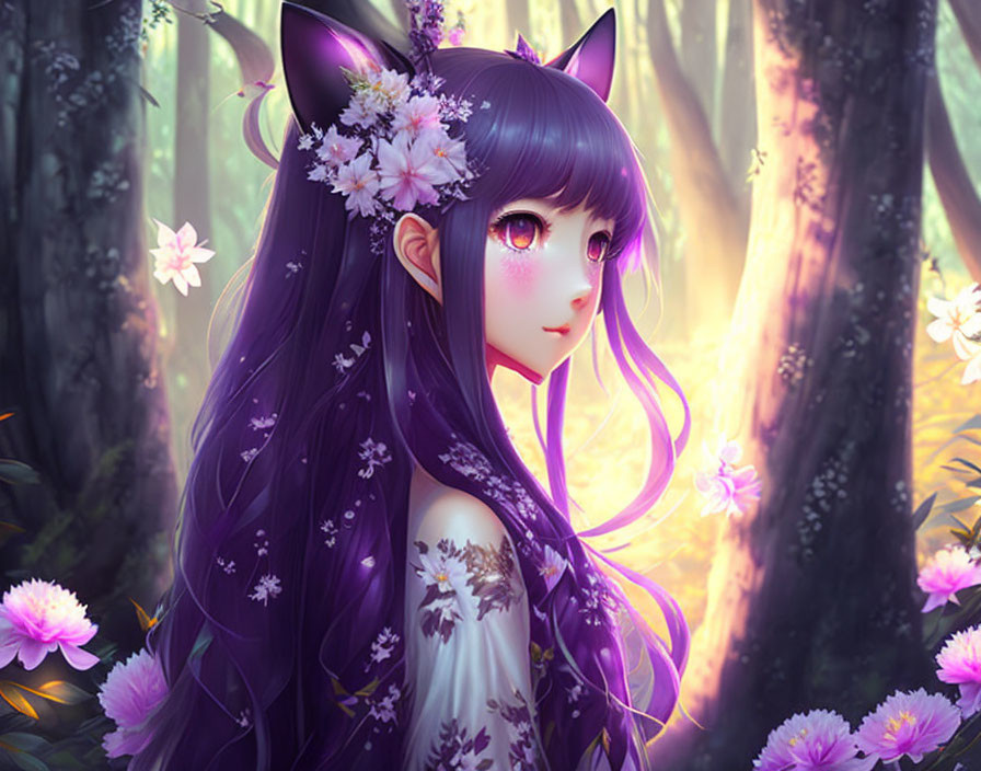 Purple-haired girl with cat ears in mystical forest with flowers.