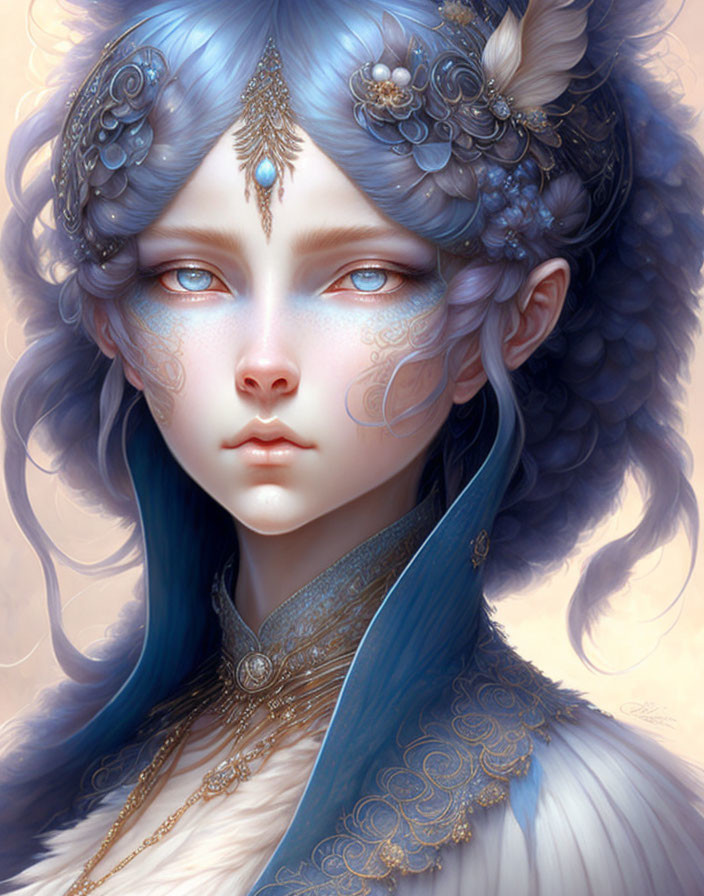 Fantasy illustration: Female figure with blue skin, silver and blue headpieces, facial tattoos