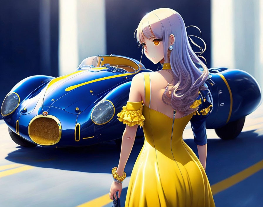 Woman in Yellow Dress Beside Blue Race Car