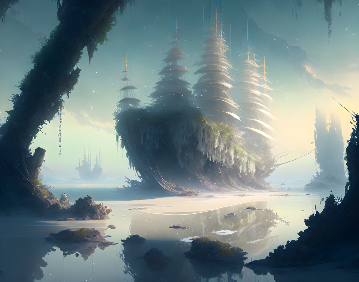 Fantasy landscape featuring towering tree-like structures over tranquil beach