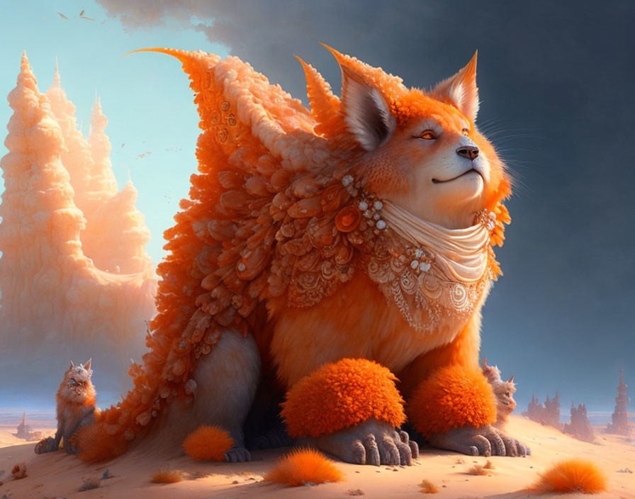 Orange Fantasy Creature with Wing-like Appendages and Jewelry in Desert Landscape