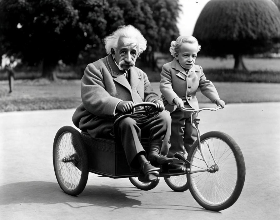 Elderly man and boy with white bushy hair in vintage pedal car on paved path