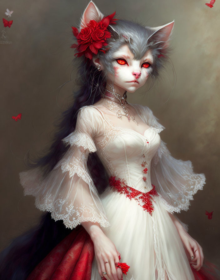 Illustrated anthropomorphic cat in Victorian dress with red flowers and flying butterflies