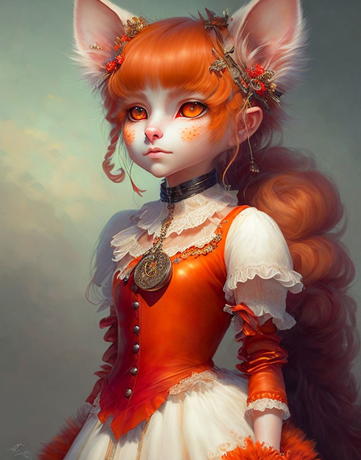 Orange fur anthropomorphic feline in Victorian dress