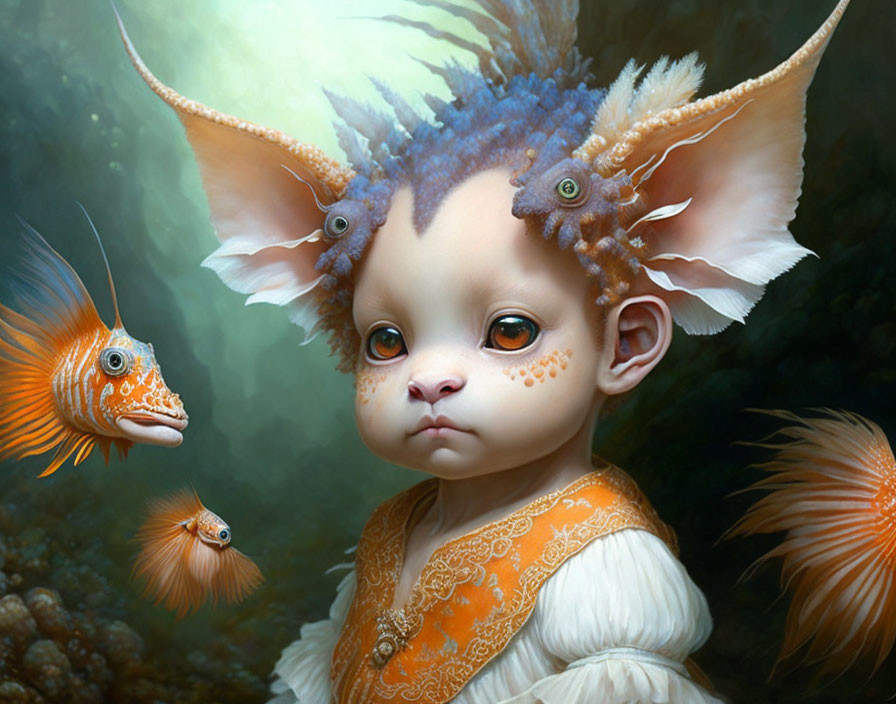 Blue-eyed fantastical creature with fish-like ears among orange fish in underwater scene.