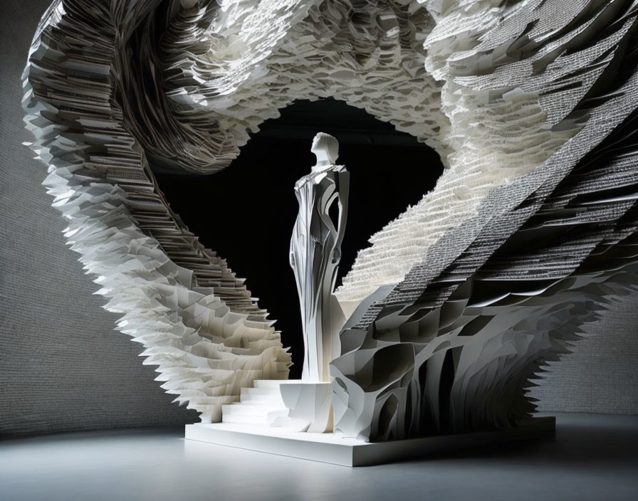 Cloaked Figure Sculpture in Swirling Tunnel Installation