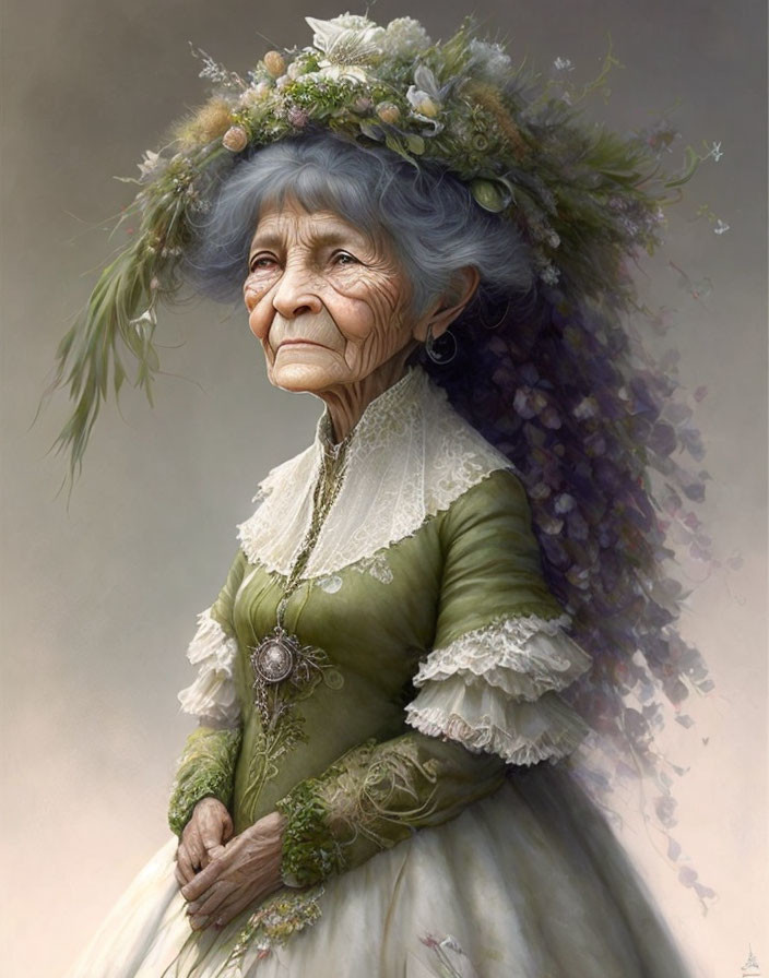 Elderly woman in vintage green dress with floral elements and whimsical headdress portrait illustration