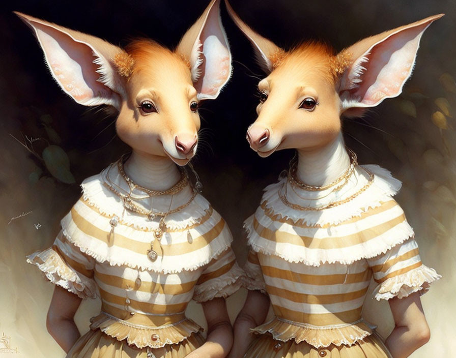 Anthropomorphic deer in striped dresses with lace collars and pendants