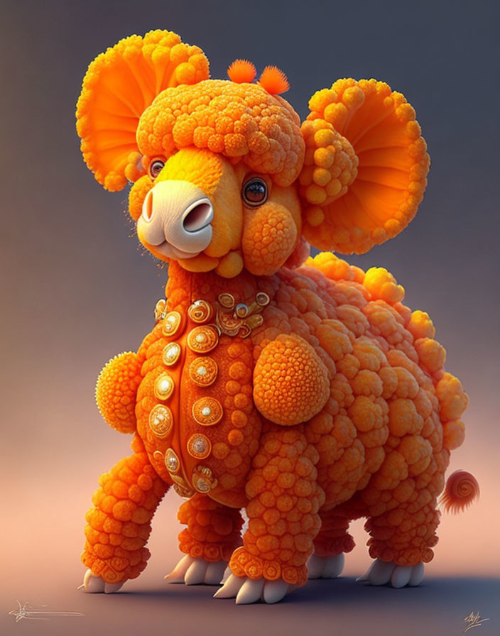 Orange whimsical sheep-like creature with flower-shaped ears and fluffy pom-poms