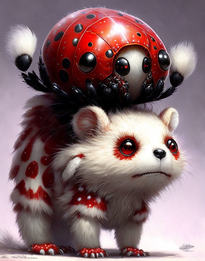 Fluffy white creature with red spots and ladybug on its back