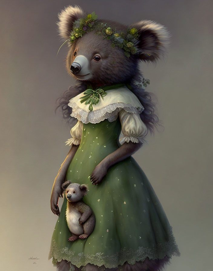 Anthropomorphic koala in vintage green dress with white collar and floral headpiece