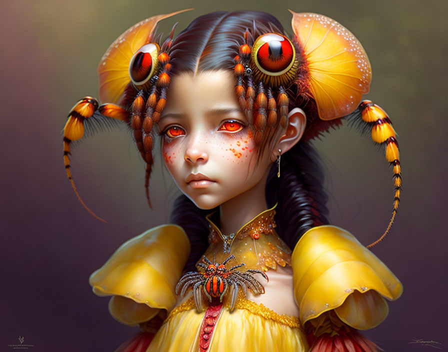 Portrait of a girl with bright orange eyes and insect-like features