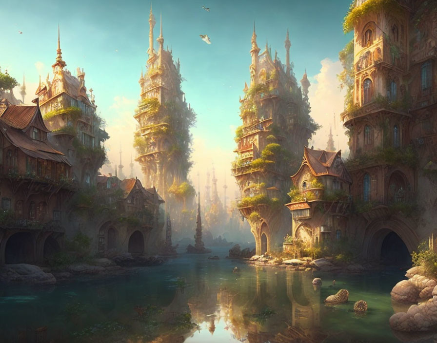 Majestic towers and ornate buildings in fantasy landscape