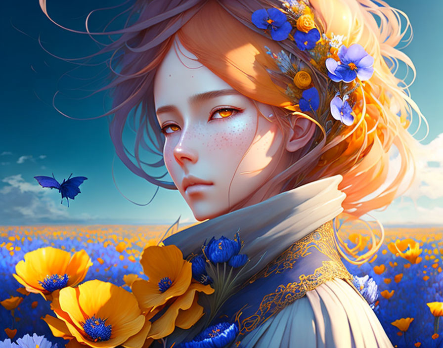 Person with Orange Hair, Blue Flowers, Freckles, Butterfly, Blue Sky, Yellow Field