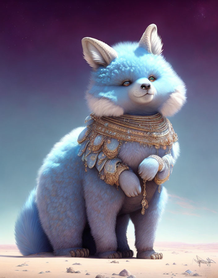 Blue anthropomorphic fox with gold jewelry in desert under purple sky