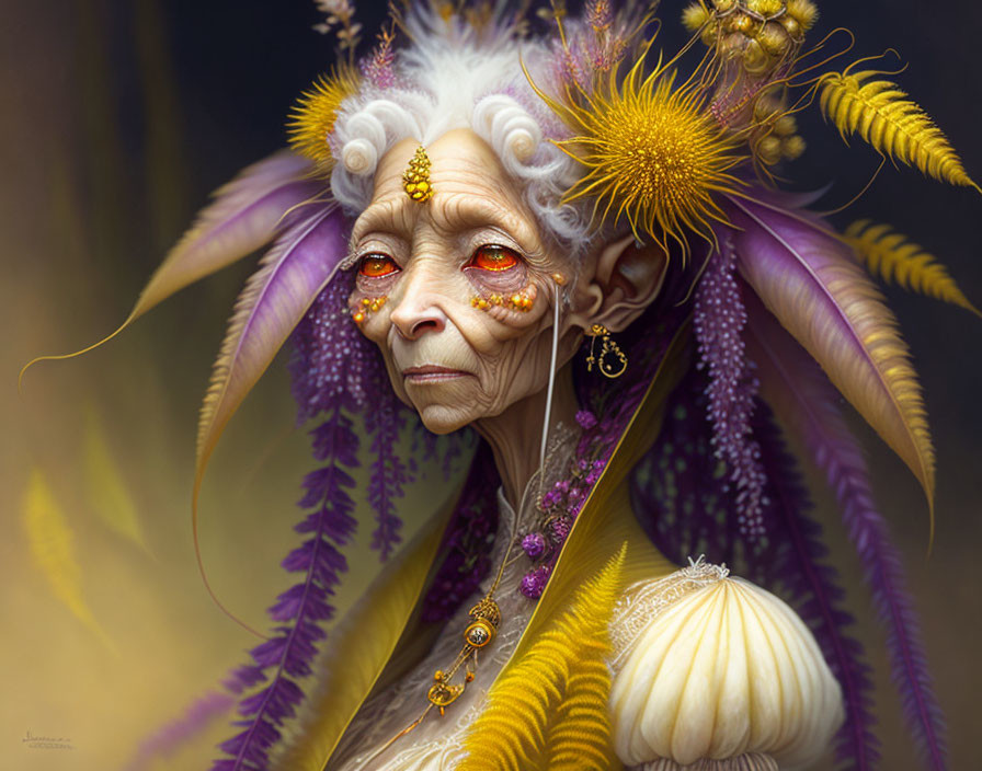 Elderly fantasy character with pointed ears, golden eyes, white hair, purple adornments on yellow